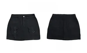 Front and back view of black denim utility mini skirt with large pockets and D-rings