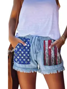 Damen Hohe Taille Denim Shorts US-Flagge Stern Streifen Druck Ausgefranster Saum Kordelzug Hotpants Casual Sommer Americana Streetwear