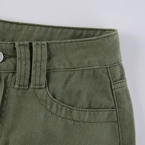 Detailed close-up of army green twill fabric showing double-stitched waist and pockets