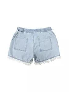 High-Waist Denim Shorts in Hellblau mit Kordelzug und weißen ausgefransten Fransen