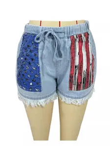 Damen Denim-Shorts mit hoher Taille, Kordelzug und Fransen im US-Flaggen-Design