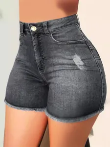 Schmal geschnittene High-Waist Denim-Shorts mit Fransensaum und Rissen in Dunkelgrau