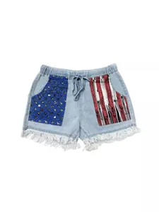 High-Waist Denim Shorts in Hellblau mit Kordelzug und Stern-Streifen-Muster der US-Flagge