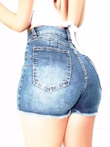 Damen High-Waist Denim-Shorts mit ausgefranstem Saum und elastischer Passform Rückseite