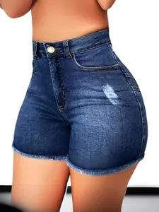 Schmal geschnittene High-Waist-Denim-Shorts in Dunkelblau mit Rissen und Fransen