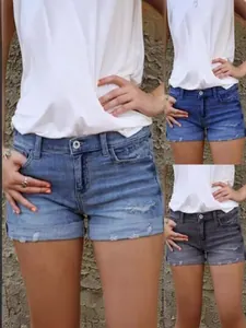 Short en Jean Déchiré Décontracté pour Femmes Coupe Ajustée avec Revers Taille Moyenne Extensible Short en Jean Usé pour l'Été