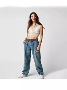Jeans da Donna a Vita Alta a Gamba Larga Con Cintura Pantaloni Cargo Vintage Pantaloni in Denim Dritti Pantaloni da Lavoro Casual Larghi in Cotone