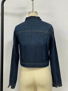 Back view of a slim-fit dark blue denim jacket with contrast stitching and metal buttons