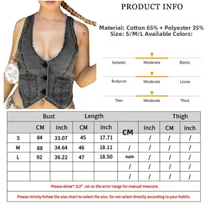 Tabella taglie dettagliata per gilet in denim da donna con misure seno e lunghezza