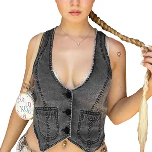 Gilet in denim lavato grigio scuro con vestibilità slim, chiusura a bottoni e scollo a V
