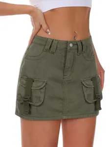 Women's army green low-rise cargo mini skirt with utility pockets and D-ring straps