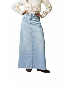 Damen High Waist Denim Maxirock Retro Rohkante Abgenutzt Bodycon Langer Rock Lässiger Baumwollmischung Jeansrock Für Damen Mode