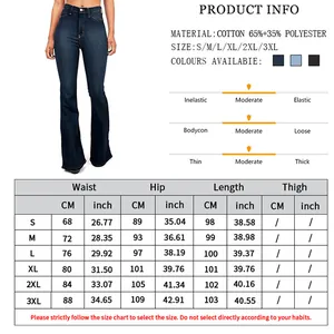 Size guide for women's high-waist flared jeans with measurements from S to 3XL