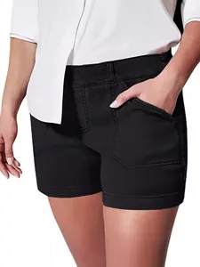 Slim fit black denim shorts for women featuring high waist design and large front pockets