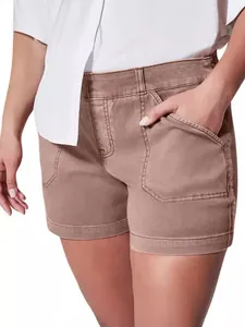 Slim fit retro high-waisted stretch denim shorts for women in tan with cargo pockets