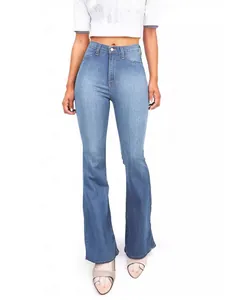 Women's high waist flare jeans in light blue washed denim with a slimming retro fit