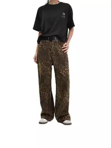 Women's Leopard Print Straight Leg Jeans High Waist Cotton Denim Pants Vintage Streetwear Fashion Casual Trousers