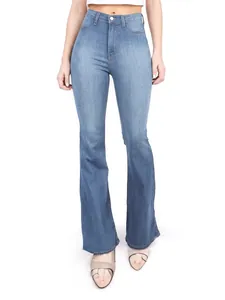 Women's high waist flare jeans in light blue wash featuring a slim fit retro silhouette