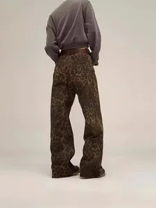 Retro high-waisted leopard print straight leg denim jeans with animal pattern for women