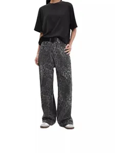 Women's wide-leg denim jeans featuring vintage dark grey leopard print pattern