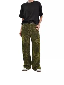 Women's high waist wide leg jeans with green leopard print and black belt