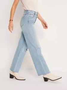 Women's light blue high-waisted straight leg jeans with ripped knees and raw hems