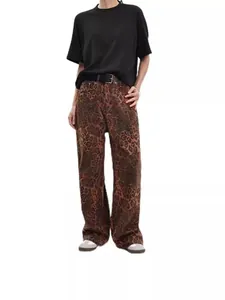 Women's leopard print straight wide leg high waisted denim jeans in brown and dark red