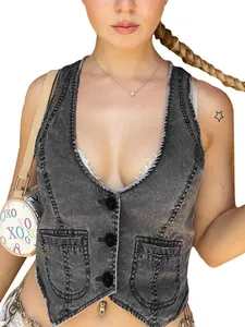 Gilet in Denim da Donna Slim Fit Sexy Scollo a V Crop Top 65% Cotone 35% Poliestere Lavaggio Invecchiato Streetwear Gilet