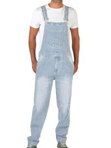 Salopette en jean délavé bleu clair pour hommes avec coupe droite et bretelles réglables