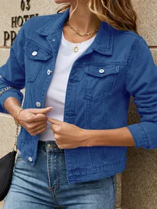 Women's Fashion Slim Fit Denim Jacket Lapel Long Sleeve Single Breasted Washed Jean Coat With Pockets Casual Outerwear