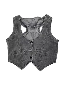 Gilet in denim attillato da donna con taglio corto e schiena elasticizzata grigio scuro