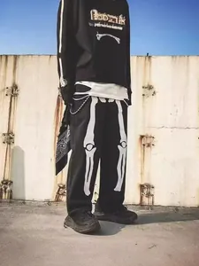 Men's Streetwear Skeleton Bone Print Jeans Gothic Hip Hop Straight Loose Wide Leg Denim Pants Fashion Graphic Trousers