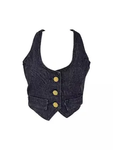 Top halter in denim retrò con bottoni dorati e orlo a V in lavaggio blu scuro