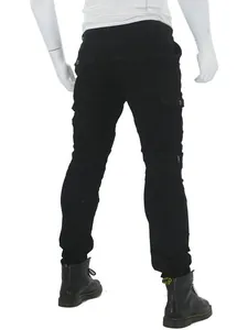 Rear view of men's slim fit motorcycle cargo pants in durable black twill with side pockets