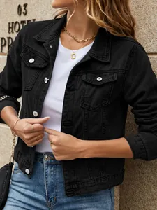 Chic slim-fit black denim jacket for women with lapel collar and metal button pockets