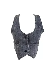 Gilet di jeans grigio scuro slim fit da donna con orlo a V e chiusura a tre bottoni