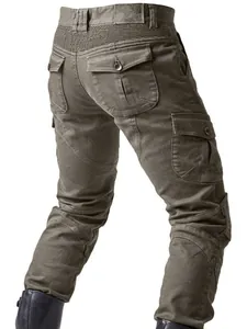 Men's olive green motorcycle cargo pants with stretch panels and tactical pockets