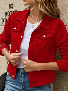 Fashionable red slim fit denim jacket with lapel collar and classic metal buttons