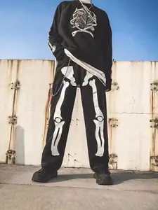 Streetwear black tracksuit with white skeleton bone print hoodie and relaxed pants