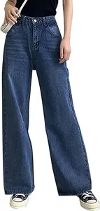 Detail of high-waisted wide-leg denim jeans in dark blue with vintage washed finish