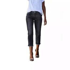 Slim fit washed dark grey cropped jeans for women with stylish raw hem detail