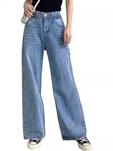 Women's light blue high waisted wide leg denim jeans in a classic straight fit