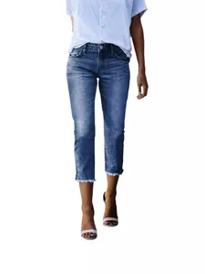 Women's Slim Fit Washed Cropped Denim Jeans With Frayed Hem Stretch Capri Pants Mid Waist Fashion Cotton Trousers