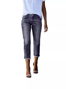 Women's slim fit dark grey washed denim capri pants with stylish frayed floral hem detailing