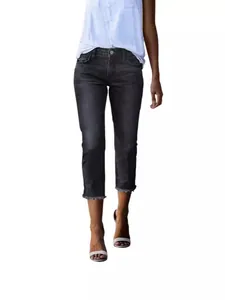 Women's dark gray washed denim capri pants with frayed hems in a slim fit style