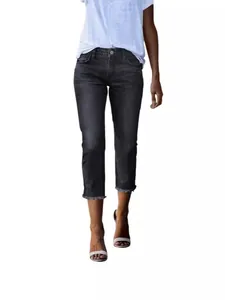 Women's slim fit black washed denim capri pants with stylish raw hem edges