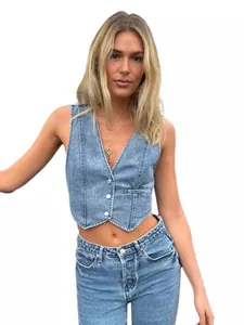 Women's light blue denim vest set with V-neck cropped top and matching high-waist jeans