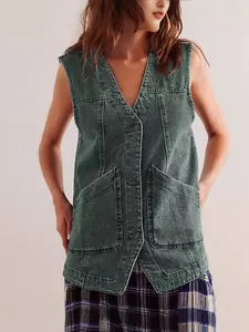Vintage dark gray washed denim vest with V-neck, large cargo pockets and irregular hem
