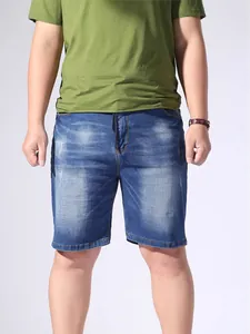 Ανδρικά Casual Denim Shorts Υψηλής Ελαστικότητας Πλυμένο Μπλε Ίσιο Μήκος Γόνατος Μείγμα Βαμβακιού Κορδόνι στη Μέση Μεγάλο Μέγεθος Jeans Shorts