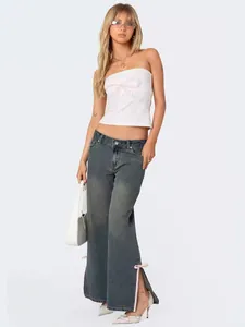 Damen Vintage Washed Flare Jeans Mittlere Taille Slim Fit Seitenschlitz Denim Hose Mit Rosa Satinband Schleife Y2K Streetwear